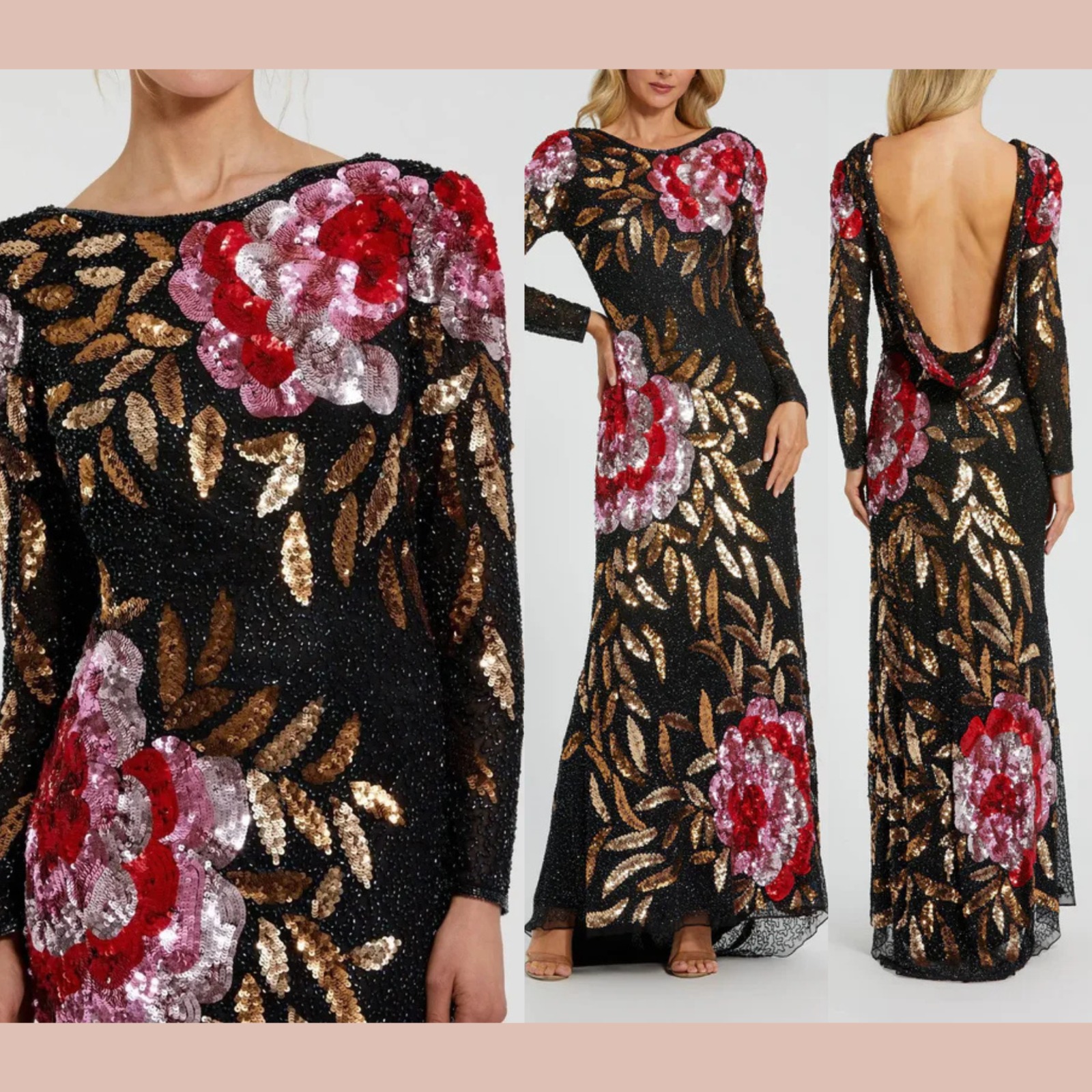 Nwt Mac Duggal [ 8 ] 4566 Embellished Floral Long Sleeve Gown Black Red #J1926